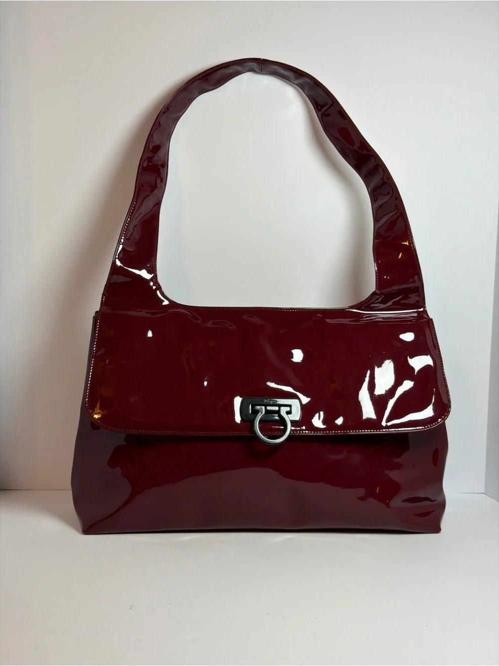 Salvatore Ferragamo Gancini Burgundy Glossy Patent Leather Shoulder Bag